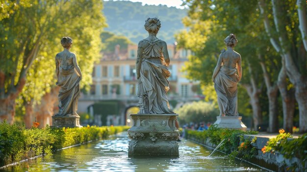 Elegante Statuen schmücken die ruhige, von Bäumen gesäumte Wasserstraße beim Sonnenuntergang