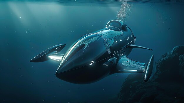 El elegante submarino negro se desliza en silencio a través del profundo mar azul