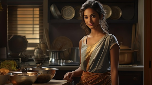 Elegante südasiatische indische Hausfrau in sauberer Küche, häusliche Anmut und kulinarische Meisterkenntnisse
