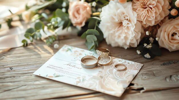 Foto una elegante suite de invitaciones de boda con un diseño floral de acuarela con anillos y flores en un fondo de madera