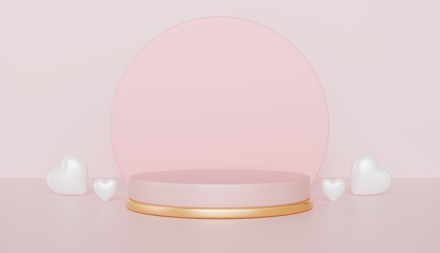 Elegante suporte de exposição de produtos rosa e dourado com corações Mockup do Dia dos Namorados