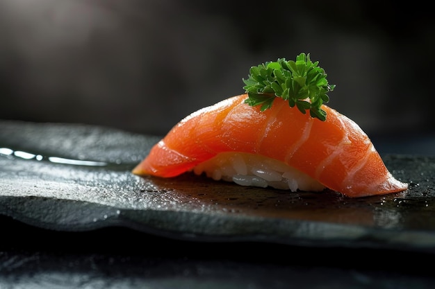 Foto elegante sushi de salmón nigiri adornado con perejil servido en un plato de pizarra negra ideal para conceptos culinarios