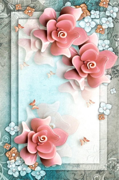 Elegante tarjeta de felicitación floral con flores rosadas en 3D