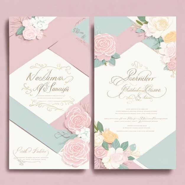 elegante tarjeta de invitación de boda con plantilla de flores y hojas