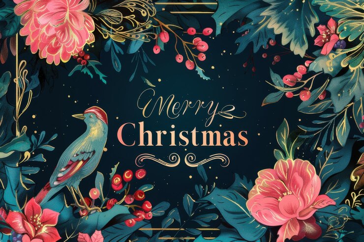 Una elegante tarjeta navideña con elementos florales y un pájaro con el texto de Feliz Navidad que crea un diseño artístico festivo