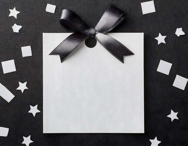 Elegante tarjeta de regalo con cinta negra y lazo sobre un fondo negro con confeti