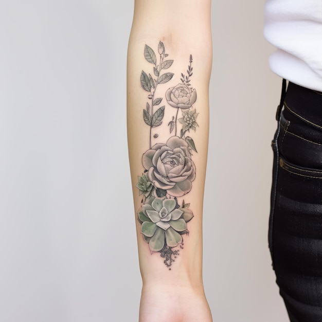 Elegante tatuaje de brazo suculento con transiciones tonales suaves