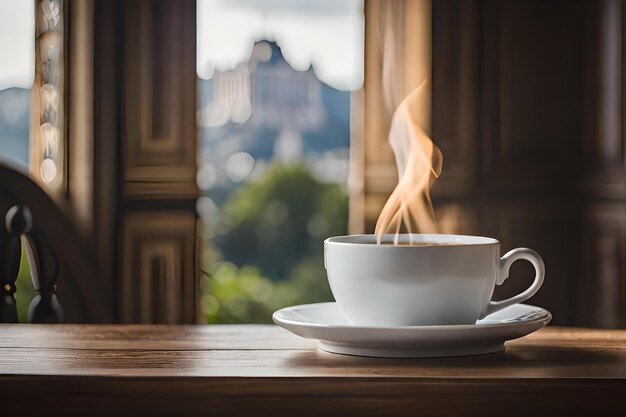 una elegante taza de café en un elegante castillo francés y una plantilla de marca de café con fondo de jardín