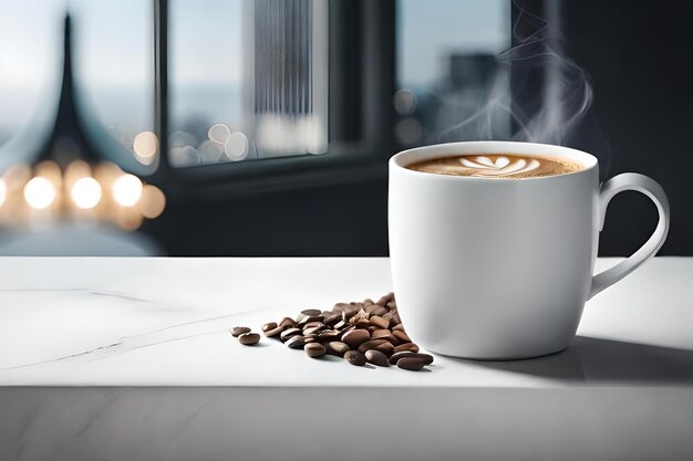 una elegante taza de café en una elegante plantilla de marca de café con fondo de mármol blanco