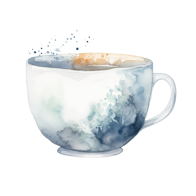 elegante taza de café de porcelana blanca con ilustración de acuarela de crema en fondo blanco