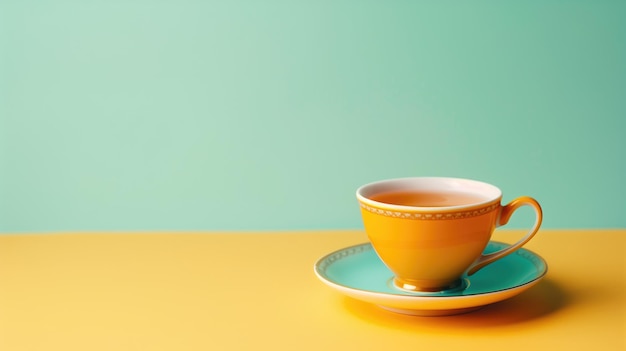 Elegante taza de té con platillo en un vibrante azul azulado y fondo de color amarillo