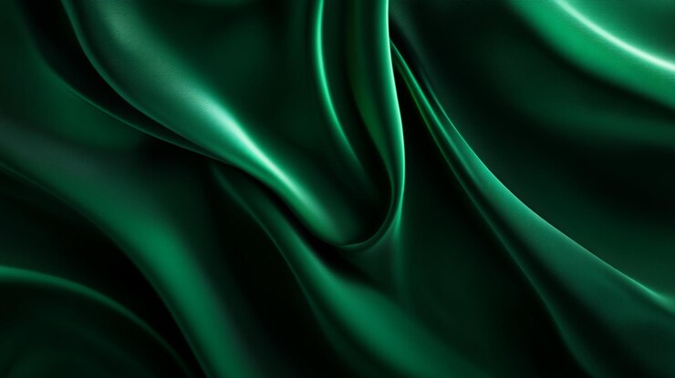 Elegante tela de seda de color verde oscuro con cortinas suaves que muestran movimiento y textura fluidos