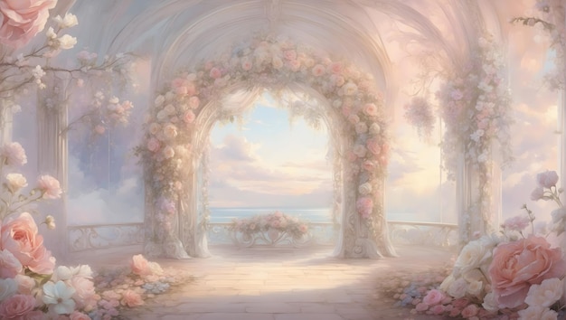 Elegante telón de fondo de boda con suaves colores pastel intrincados diseños florales y iluminación romántica