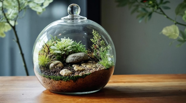 Elegante terrario con jardín en miniatura y plantas