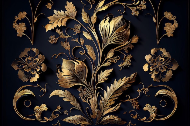 Elegante textura floral de lujo con dorado dorado en un fondo oscuro IA generativa