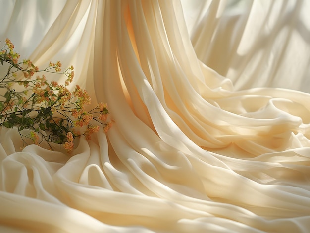 Elegante textura de tela de seda de crema con pliegues suaves y resaltos
