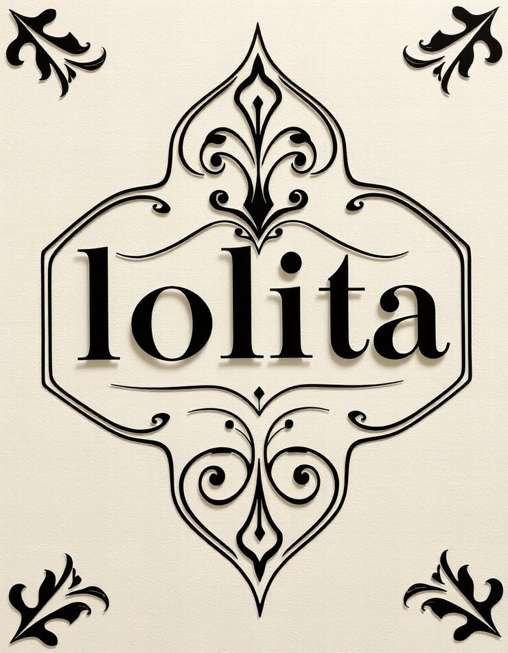 Foto elegante tipografía de la palabra lolita con elementos de la moda victoriana