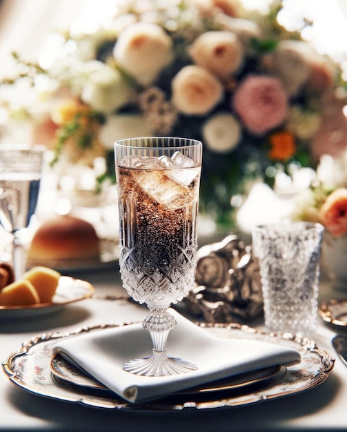 Elegante Tischgestaltung mit kristallinem schmutzigem Soda-Glas