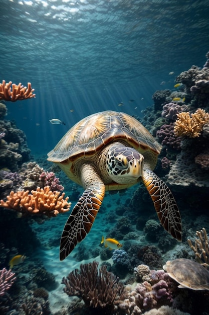 Una elegante tortuga marina nadando bajo el agua entre corales