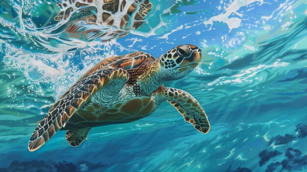 Una elegante tortuga marina que se desliza sin esfuerzo a través de aguas cristalinas su antigua silueta encarna la belleza atemporal de la vida oceánica