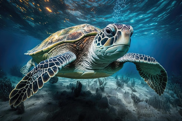 Una elegante tortuga nadando bajo el agua con la luz del sol filtrándose a través de la superficie del agua por encima de la IA generativa