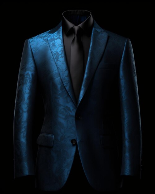 Elegante traje de hombre azul aislado sobre fondo negro IA generativa