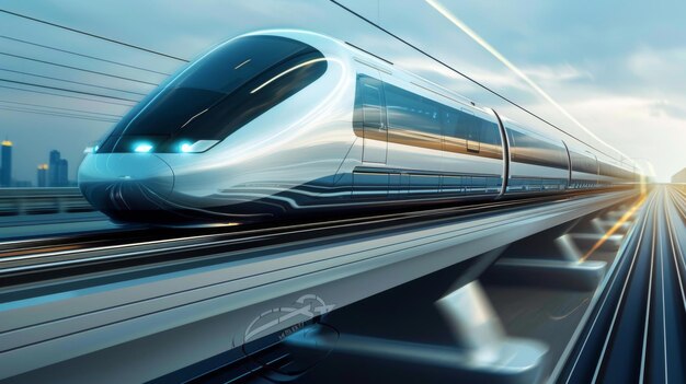 Un elegante tren de alta velocidad que corre a lo largo de vías elevadas que ilustra la eficiencia futurista del transporte ferroviario moderno