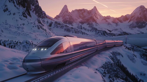 Foto el elegante tren plateado avanza a través de las montañas cubiertas de nieve su elegante diseño y su poderoso motor lo impulsan hacia adelante