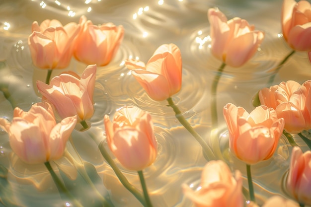 Foto elegante tulpen in voller blüte schwimmen auf einem friedlichen teich, der im sonnenlicht gebadet wird