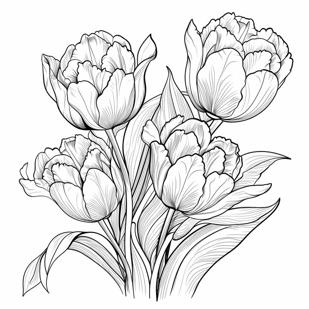 Elegante Tulpen, scharfe Linienkunst Malseite mit weißem Hintergrund