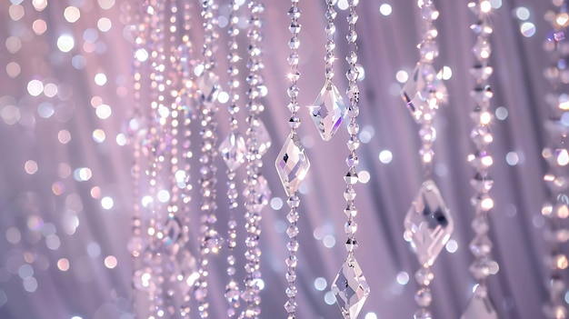 Elegante und glänzende Kristallperlen hängen an der Decke mit einem verschwommenen Hintergrund aus runden Lichtern