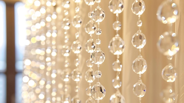 Elegante und glänzende Kristallperlen hängen vor einem verschwommenen Hintergrund