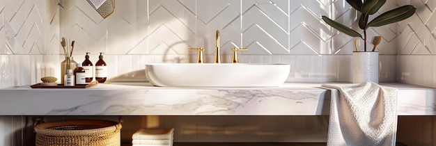 Elegante und moderne Badezimmer Oasis Weißes Design mit stilvollem Waschbecken und eleganten Möbeln, die Serenität und Luxus hervorheben