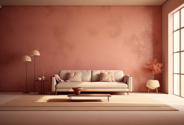 Elegante und moderne Gestaltung eines Wohnzimmers mit einem Sofa-Coffee-Tisch an der Wand mit Herbstfarben