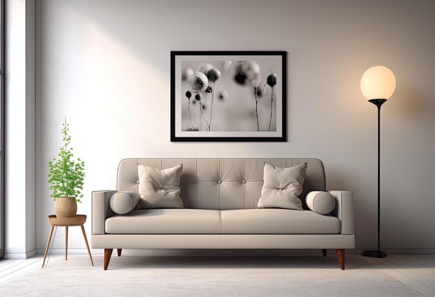 Elegante und moderne Gestaltung eines Wohnzimmers mit Sofa-Coffee-Tisch und großem Gemälde an der Wand