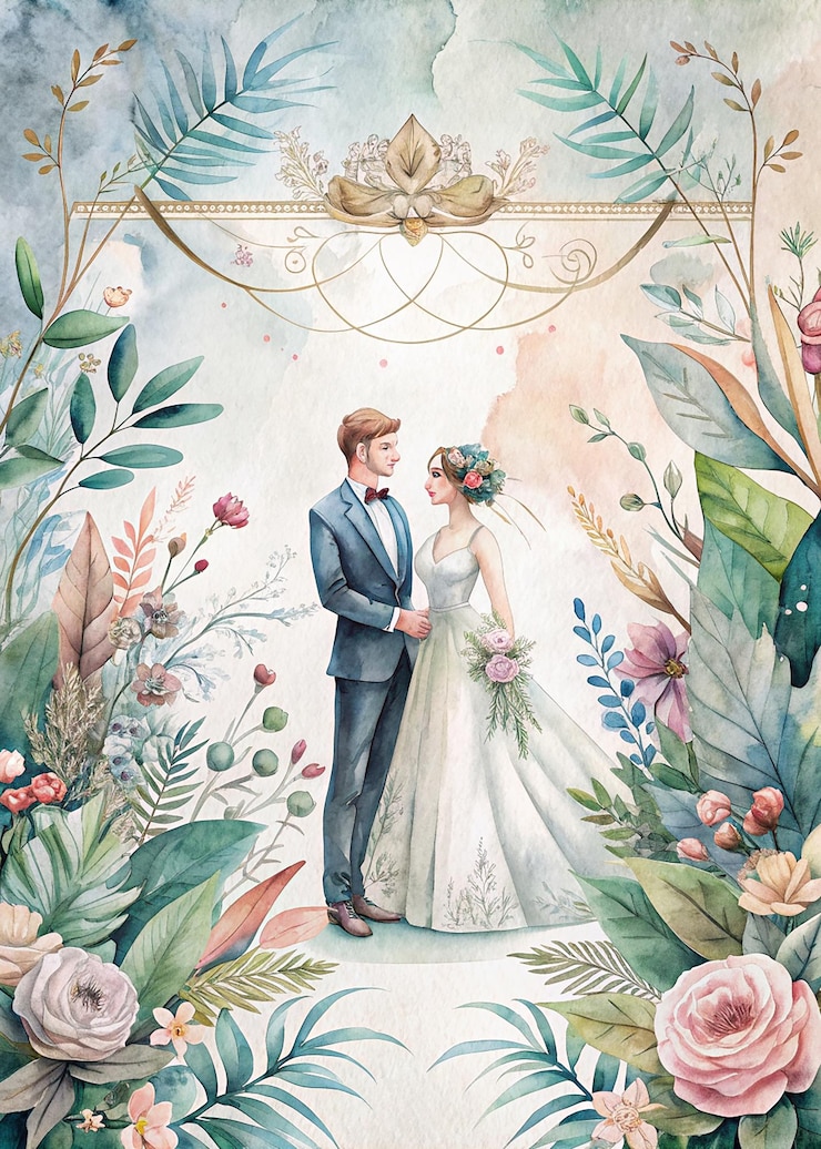 Foto elegante und moderne hochzeitsinladungen mit aquarellillustrationen