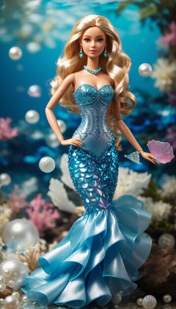 Elegante und schöne Barbie-Puppe Meerjungfrau mit schillerndem Schwanz inmitten eines aquatischen Hintergrunds aus Fischen