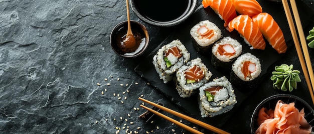 Elegante variedade de sushi japonês em ardósia preta