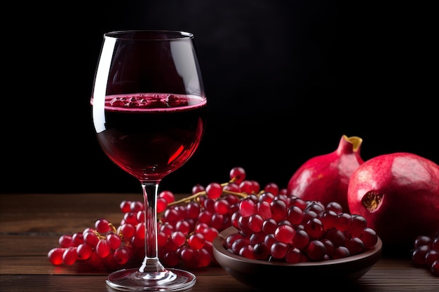 Elegante vaso de vino rojo con semillas de granada artísticamente salpicadas en una elegante mesa de vidrio negro