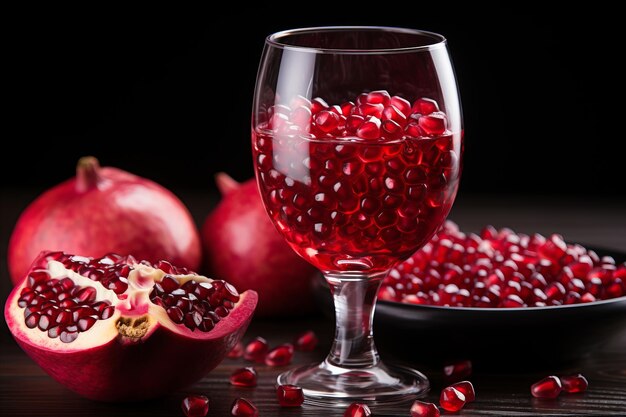 Elegante vaso de vino rojo con semillas de granada esparcidas en una elegante mesa de vidrio negro