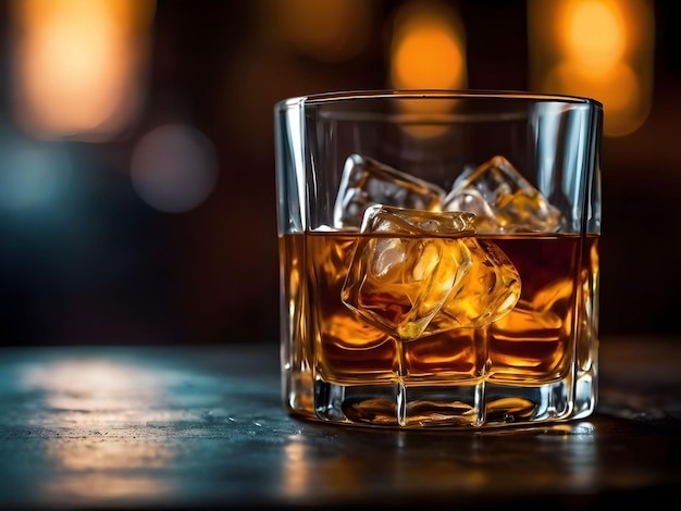 Foto elegante vaso de whisky en una mesa de madera con una cálida iluminación