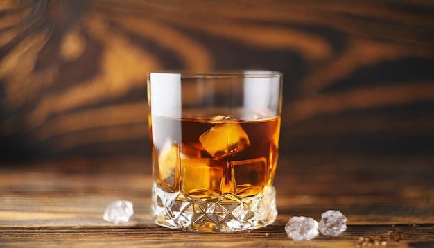 Elegante vaso de whisky en una superficie de madera rústica que evoca calidez y sofisticación