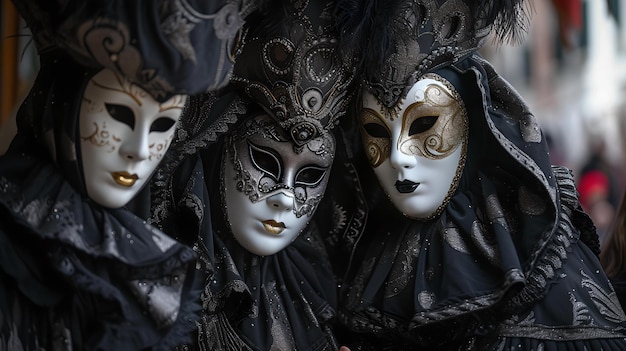 Elegante venezianische Masken in dramatischer Beleuchtung perfekt für Karneval oder Theaterkonzepte authentisch gestaltet und ausdrucksstark Geheimnis umarmt KI