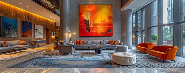 Foto elegante vestíbulo de un condominio de gran altura con instalaciones de arte y muebles modernos de estilo doble exposición