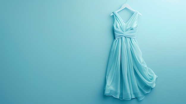 Foto el elegante vestido de noche azul claro colgado en una percha contra un fondo azul