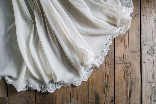El elegante vestido de novia con detalles de encaje que se extienden en un piso de madera