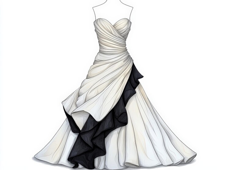 Elegante vestido sin tiras con un diseño intrincado con capas blancas y negras perfecto para eventos formales o bodas