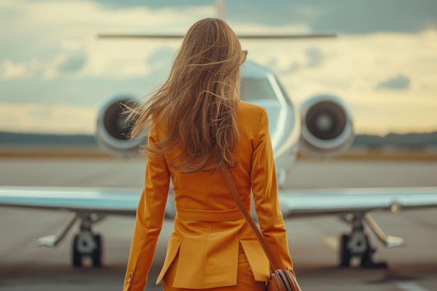 Foto elegante viajante de negócios a embarcar num avião privado.