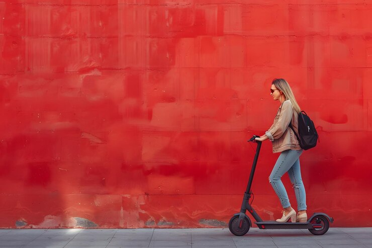 Un elegante viajero en una moto eléctrica contra una audaz pared roja