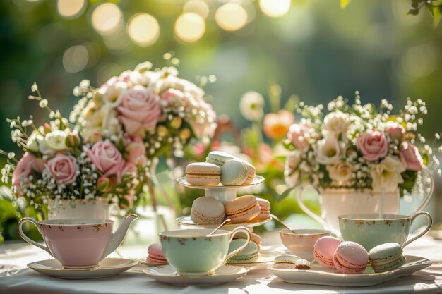 Foto elegante vintage inspirado em uma festa de chá com arranjos florais e macarrões pastel em um sonho